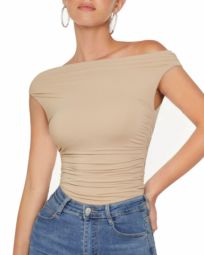 MOOSLOVER Women Off Shoulder Double Lined Fitted Crop Top Nude Size M by Deal US
