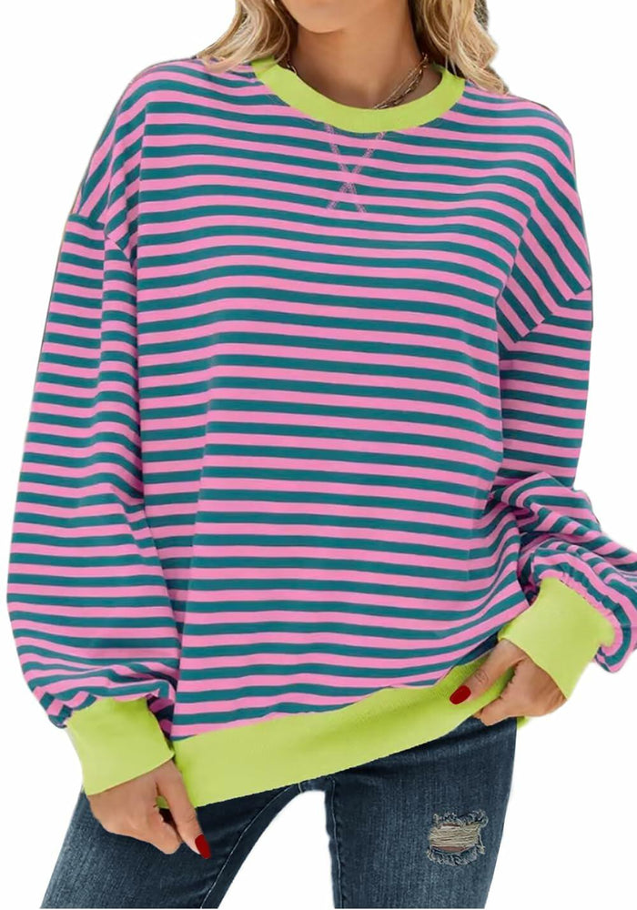 Pmgarmi Oversized Crewneck Striped Sweatshirt Women Pink Green Size XL by Deal US