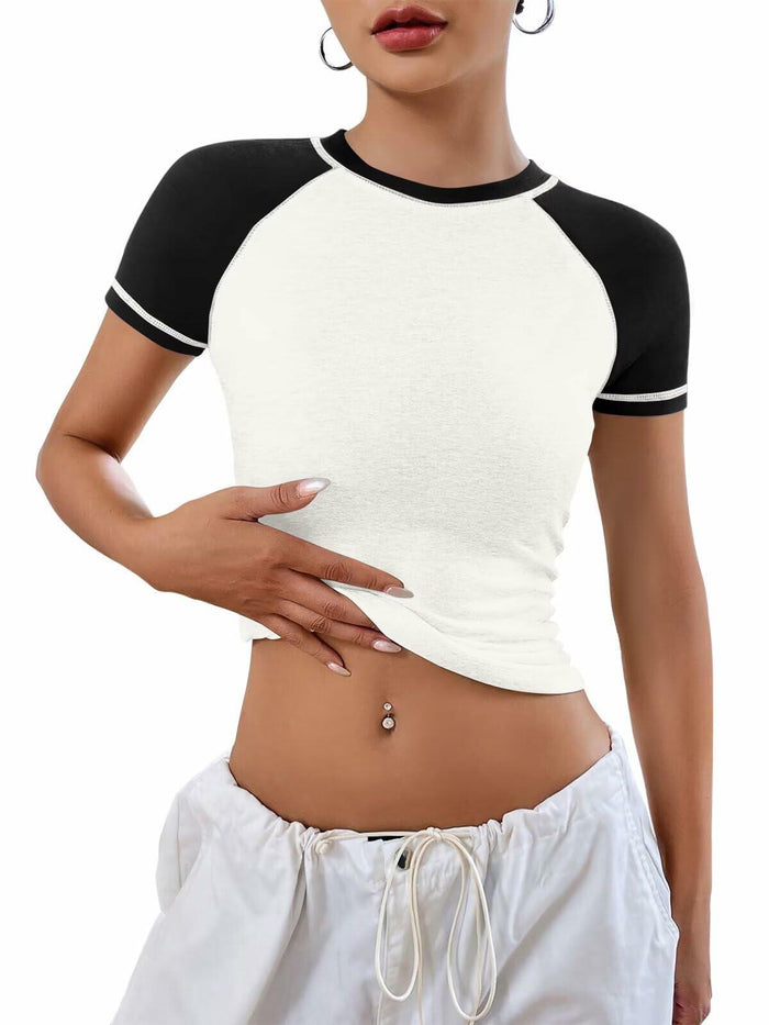 Women's Short Sleeve Crewneck Slim Fit White with Black Sleeve T Shirt Size XL by Deal US