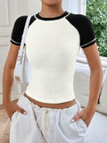 Women's Short Sleeve Crewneck Slim Fit White with Black Sleeve T Shirt Size XL by Deal US