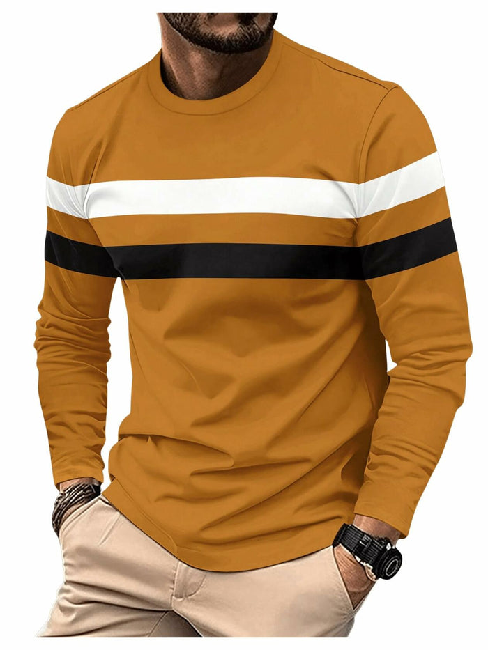 COZYEASE Men's Color Block Striped Long Sleeve Tee Mustard Yellow Size XL by Deal US