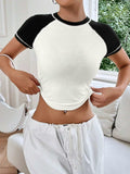 Women's Short Sleeve Crewneck Slim Fit White with Black Sleeve T Shirt Size XL by Deal US
