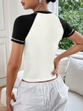 Women's Short Sleeve Crewneck Slim Fit White with Black Sleeve T Shirt Size XL by Deal US