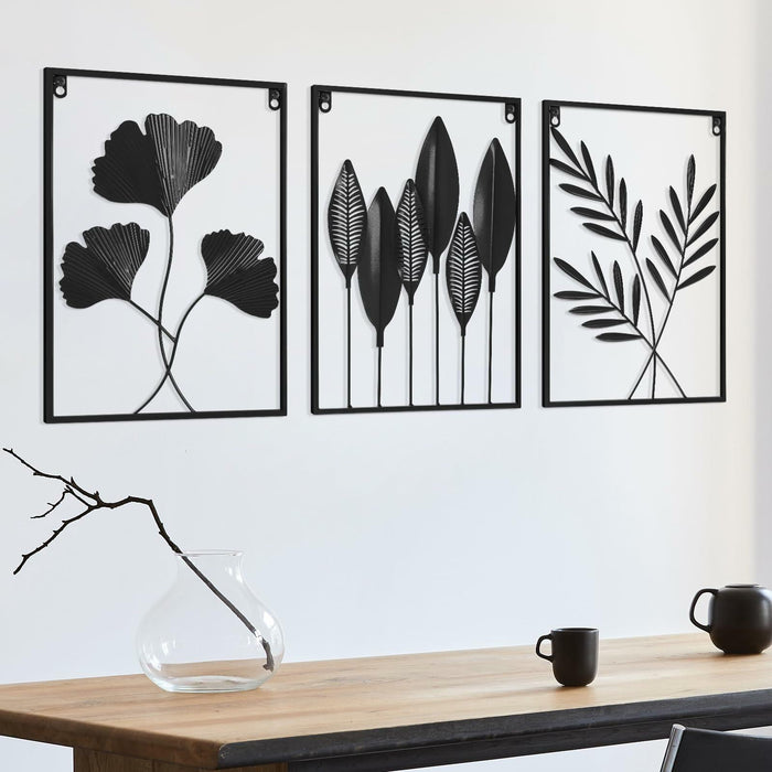 Black Metal Leaf Wall Art 3-Piece Modern Minimalist Decor Home Office by Deal US