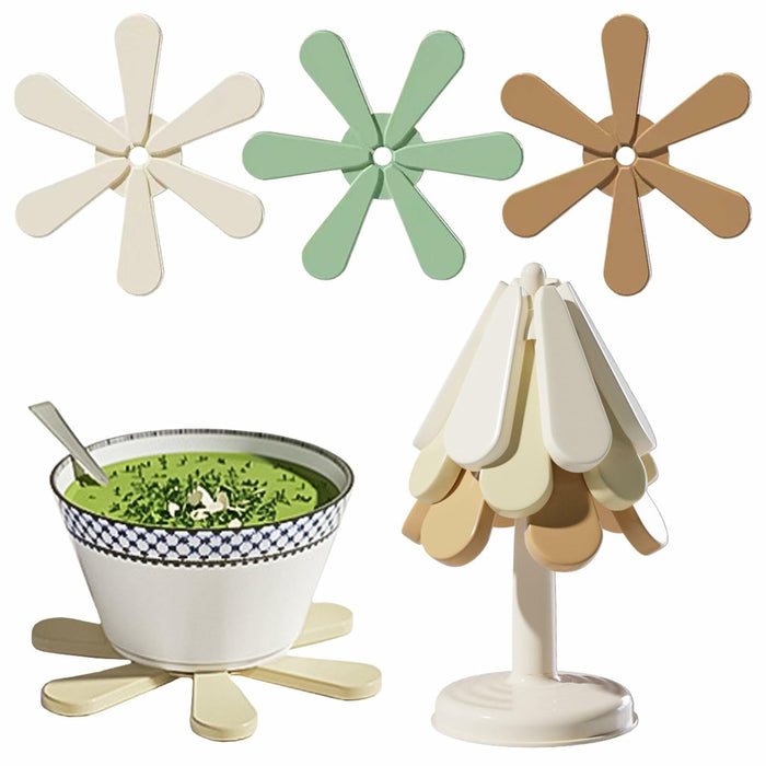 Silicone Trivets for Hot Dishes 3 Tree Coasters + 1 Foldable Stand Green by Deal US