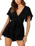 Bonkwa Women Short Flare Sleeve Floral Print Summer Casual Romper V-Neck Size S by Deal US