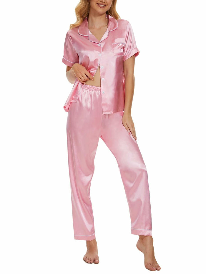 Women's Plus Size Pajama Set Short & Long Sleeve Top with Pants Size M Pink by Deal US