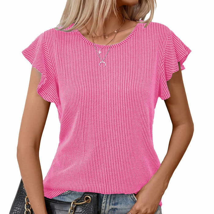 levaca Womens Ribbed Ruffle Short Sleeve Top Blue Size L by Deal US