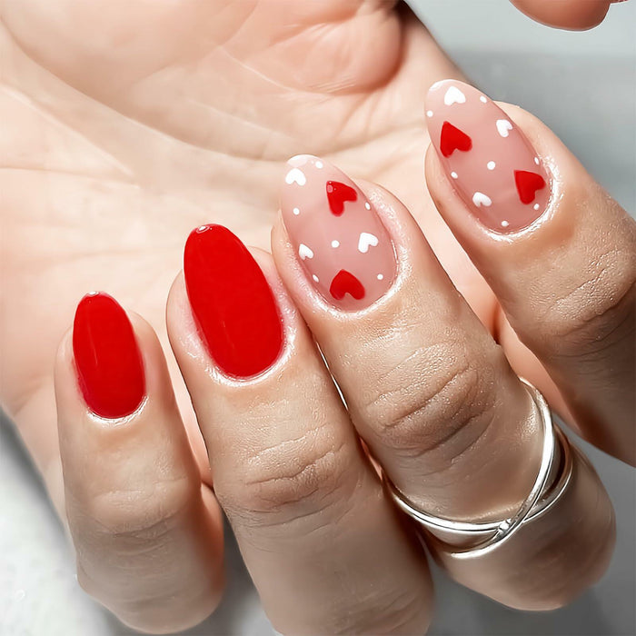 Valentine's Day Short Almond Fake Nails Red Heart White Dots 24Pcs by Deal US