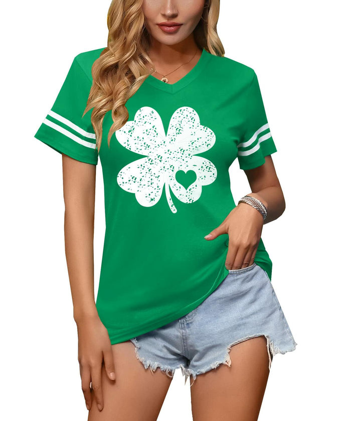 Women St Patricks Lucky Green V Neck T Shirt Gold Shamrock Size M by Deal US