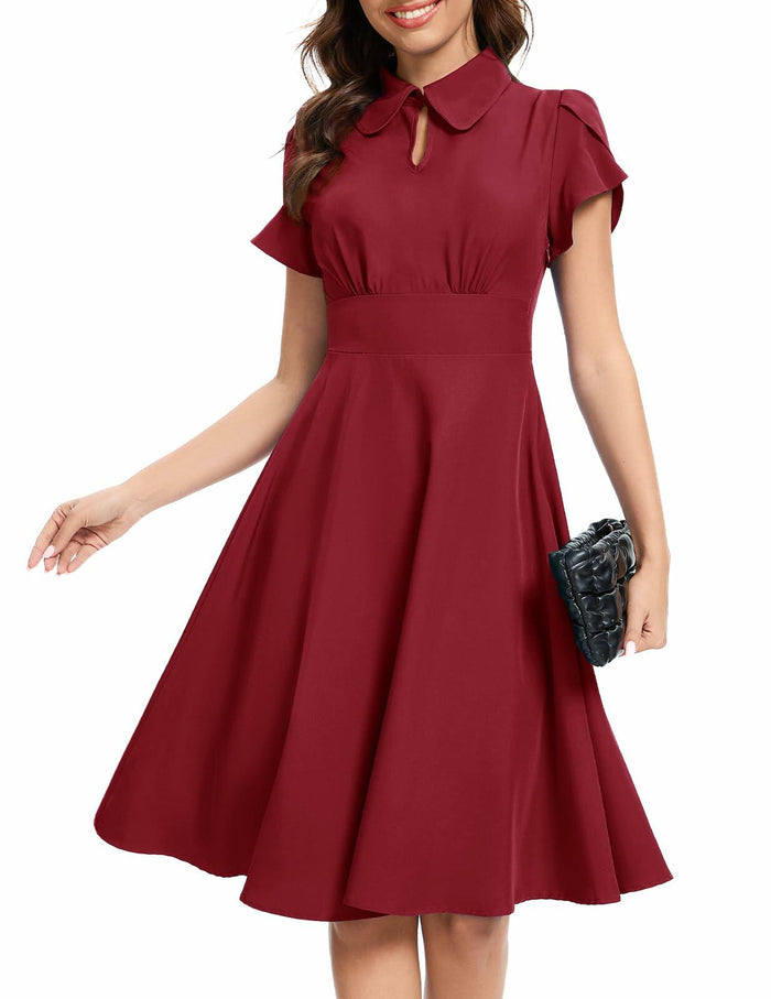 Bbonlinedress Retro Short Sleeve Collared Swing Dress Burgundy Size M by Deal US