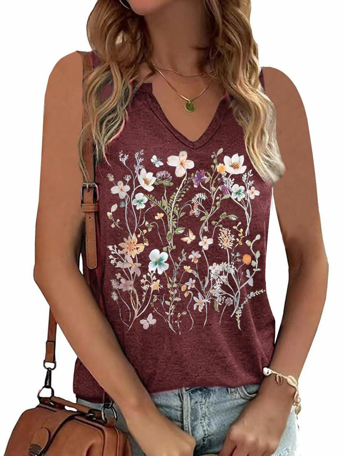 YIUIERE Womens Floral V Neck Tank Top Maroon Size S by Deal US