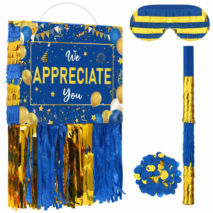 Poen We Appreciate You Piñata with Stick Blindfold Blue Gold Confetti 16x12 by Deal US