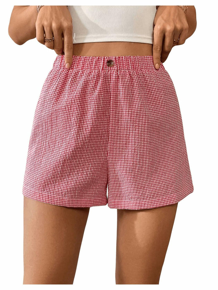 Verdusa Women's Plaid Print Elastic Waist Casual Shorts Red White Size S by Deal US