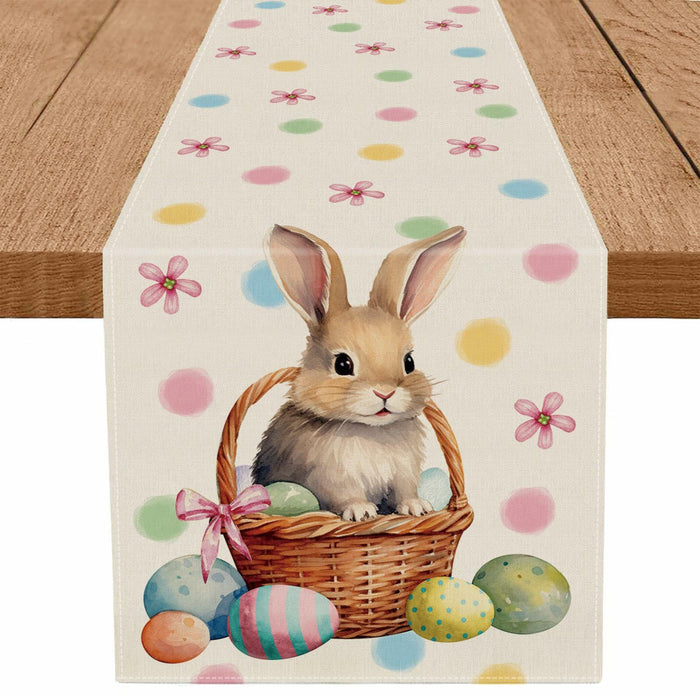 QIONG MENG Easter Table Runner Bunny Eggs Basket Flowers 13x72 Inch by Deal US