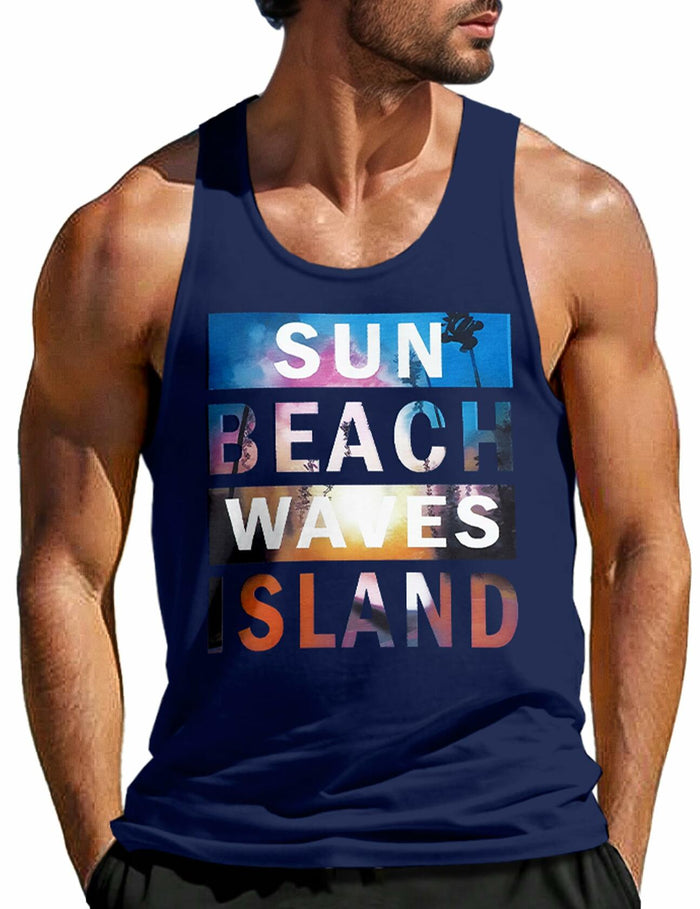 Men's Graphic Letter Printed Muscle Tank Top Blue Size Large by Deal US