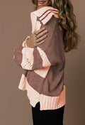 Women's Pullover Sweater Lapel Collar V Neck Cable Knit Wood Brown Size XL by Deal US
