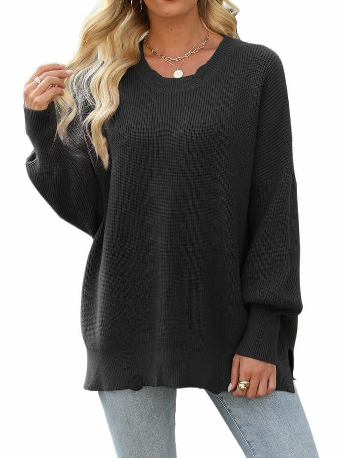 Women’s 2024 Fall Oversized Ripped Knit Sweater White Pullover Top Size M by Deal US