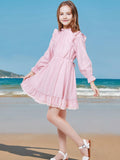 WULFUL Girls Long Sleeve Flared Belted A-line Dress Pink Size 7-8 by Deal US