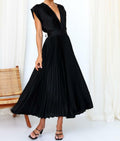 kiobrvhe Satin V Neck Pleated Midi Dress Sleeveless Black Size S by Deal US