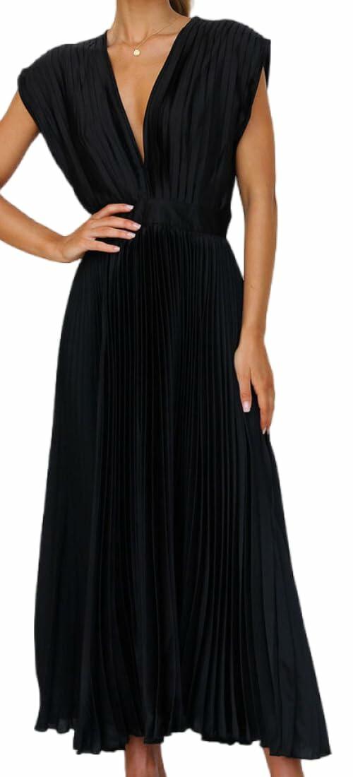 kiobrvhe Satin V Neck Pleated Midi Dress Sleeveless Black Size S by Deal US