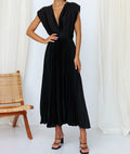 kiobrvhe Satin V Neck Pleated Midi Dress Sleeveless Black Size S by Deal US