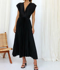 kiobrvhe Satin V Neck Pleated Midi Dress Sleeveless Black Size S by Deal US