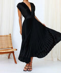 kiobrvhe Satin V Neck Pleated Midi Dress Sleeveless Black Size S by Deal US