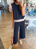 SHEWIN 2PC Women's Lounge Set Short Sleeve Top Wide Leg Pants Navy Blue Size S by Deal US