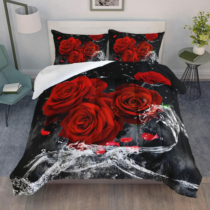 AILONEN 3D Oil Painting Red Rose Comforter Set Twin Size 3 Pieces by Deal US