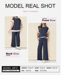 SHEWIN 2PC Women's Lounge Set Short Sleeve Top Wide Leg Pants Navy Blue Size S by Deal US