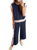 SHEWIN 2PC Women's Lounge Set Short Sleeve Top Wide Leg Pants Navy Blue Size S by Deal US