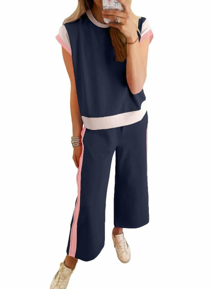 SHEWIN 2PC Women's Lounge Set Short Sleeve Top Wide Leg Pants Navy Blue Size S by Deal US