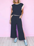 SHEWIN 2PC Women's Lounge Set Short Sleeve Top Wide Leg Pants Navy Blue Size S by Deal US