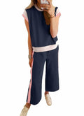 SHEWIN 2PC Women's Lounge Set Short Sleeve Top Wide Leg Pants Navy Blue Size S by Deal US