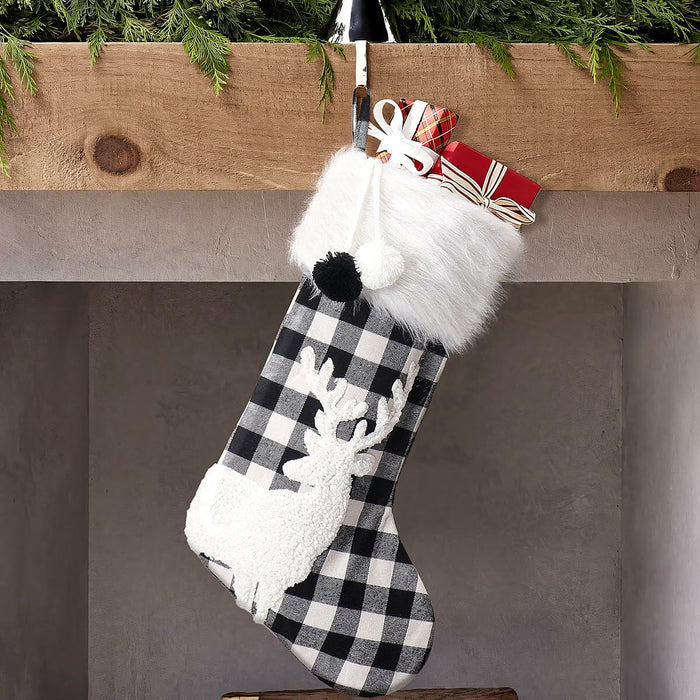 USILAND Christmas Stocking 20in Buffalo Check Pom Pom Faux Fur Black White by Deal US