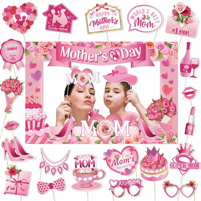 Mothers Day Decorations 23pcs Photo Booth Props Pink Frame Party Supplies by Deal US
