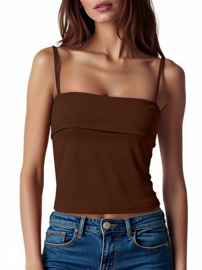 ZANZEA Adjustable Spaghetti Strap Tank Top Brown Size Small by Deal US