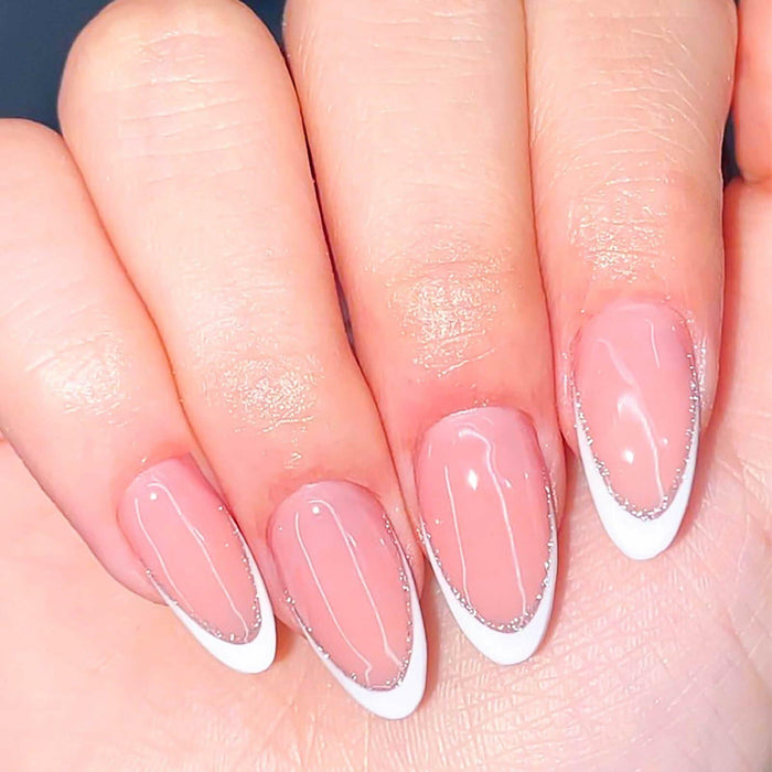 RUOKEXIN Almond Medium Pink Press On Nails Silver Glitter White Tips 24pcs by Deal US