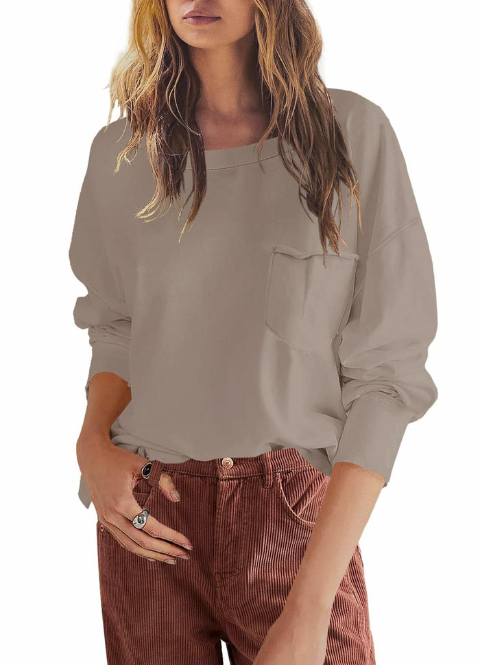 SENSERISE Womens Crewneck Sweatshirt Long Sleeve Pockets Khaki Size S by Deal US