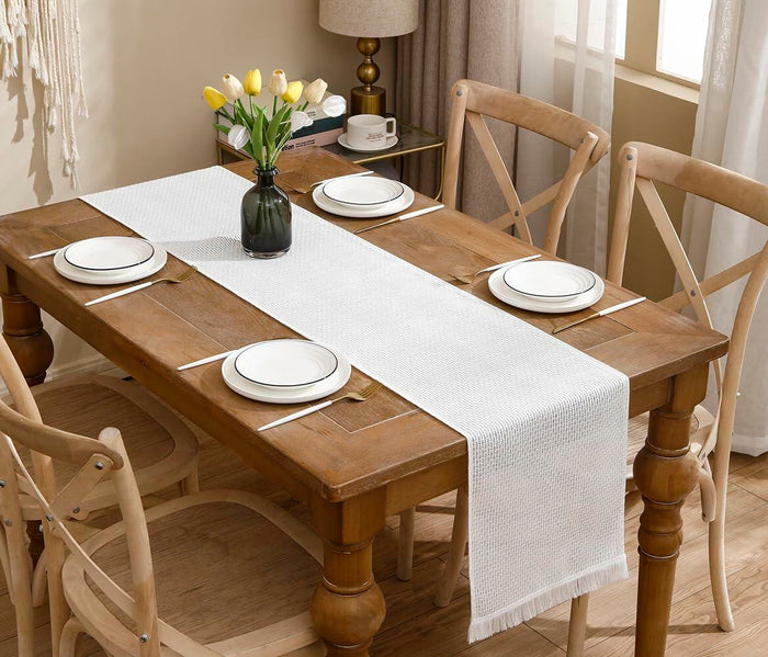LUOYEHK Boho Table Runner With Fringe 12x108 Inch White Farmhouse Rustic by Deal US