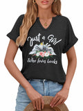 Women Book Lovers Graphic Tee V Neck Short Sleeve Dark Gray Size M by Deal US