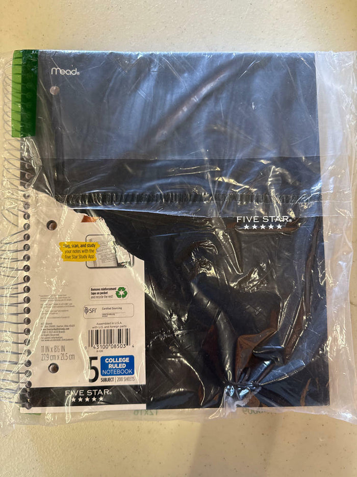 [Like New] Five Star 5-Subject Spiral Notebook College Ruled 8.5x11 Black 200 Sheets by Deal US