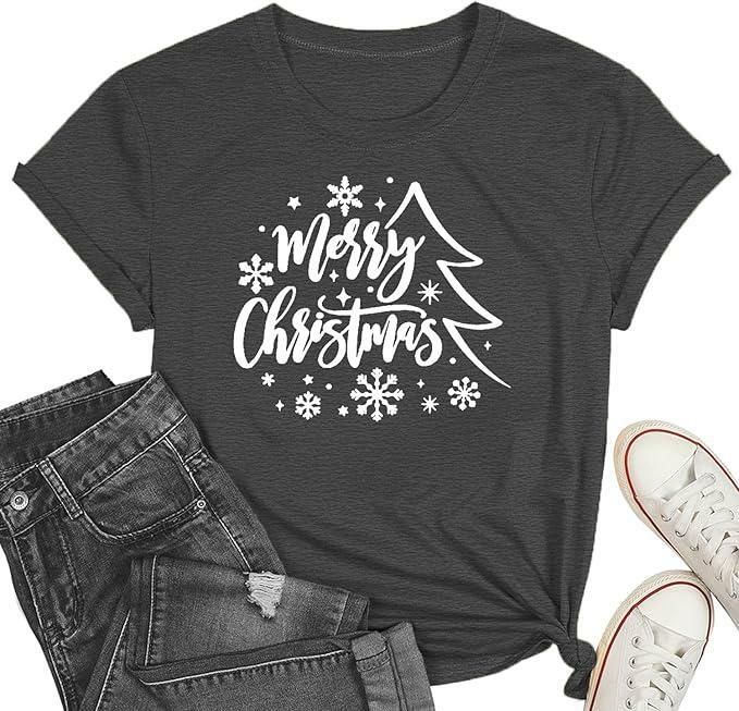 Merry Christmas Women Family Holiday Vintage Shirt Grey Size L by Deal US