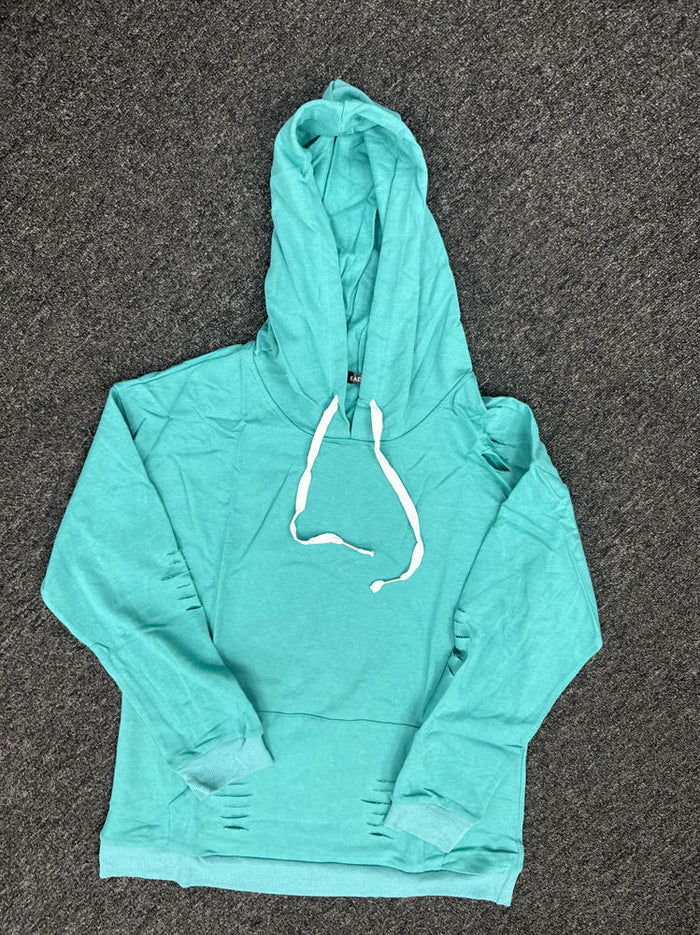 Women Hooded Distressed Sweatshirt Drawstring Kangaroo Pocket Greyblue Size M by Deal US