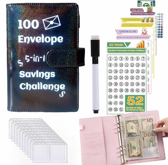 100 Envelope Challenge Binder 5-in-1 Budget Planner Shining Silver by Deal US