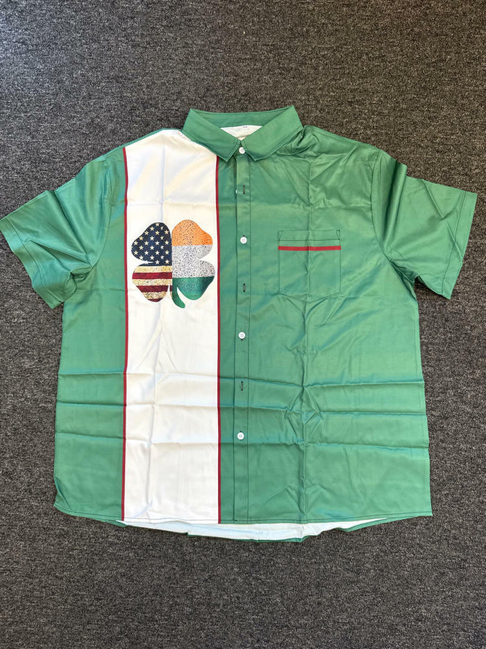 Mens St PatricksDay Flag Four Leaf Clover Button Down Shirt White Green Size 2XL by Deal US