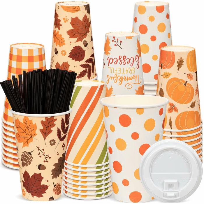 Umigy 60 Pack 16oz Fall Paper Coffee Cups with Lids & Stirrers 6 Designs by Deal US
