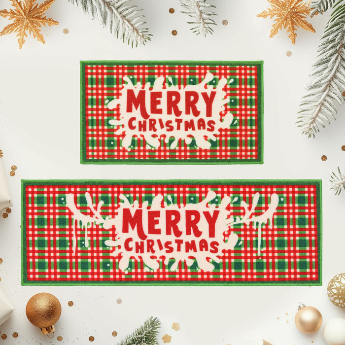BEQHAUSE Christmas Kitchen Rugs Buffalo Plaid Non Slip Washable 17x30+17x59 by Deal US