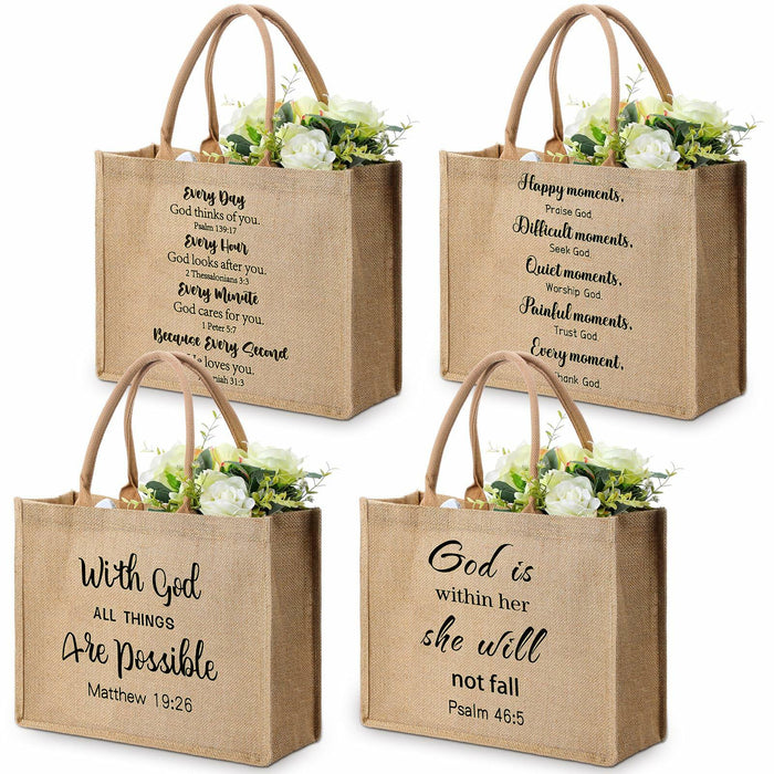 4 Pack Church Mother's Day Burlap Tote Bags 15.3x12x6 Inch Brown Handle by Deal US